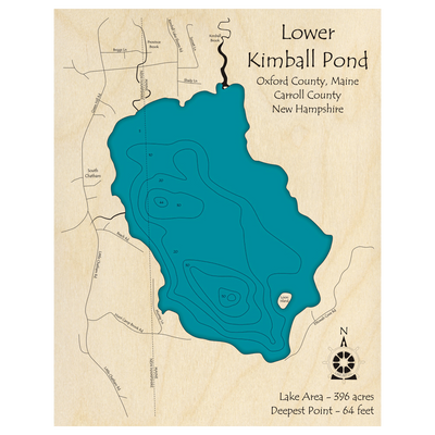 Bathymetric topo map of Lower Kimball Pond (ME, NH) with roads, towns and depths noted in blue water.