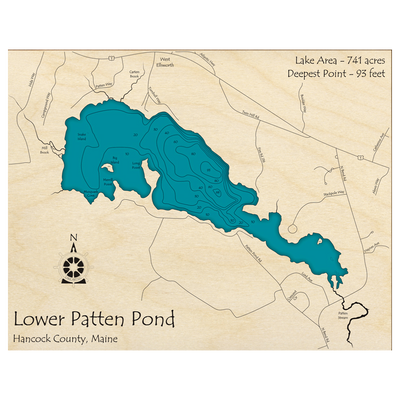 Bathymetric topo map of Lower Patten Pond, ME with roads, towns and depths noted in blue water.