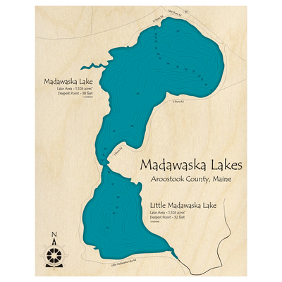 Bathymetric topo map of Madawaska Lakes, ME with roads, towns and depths noted in blue water.