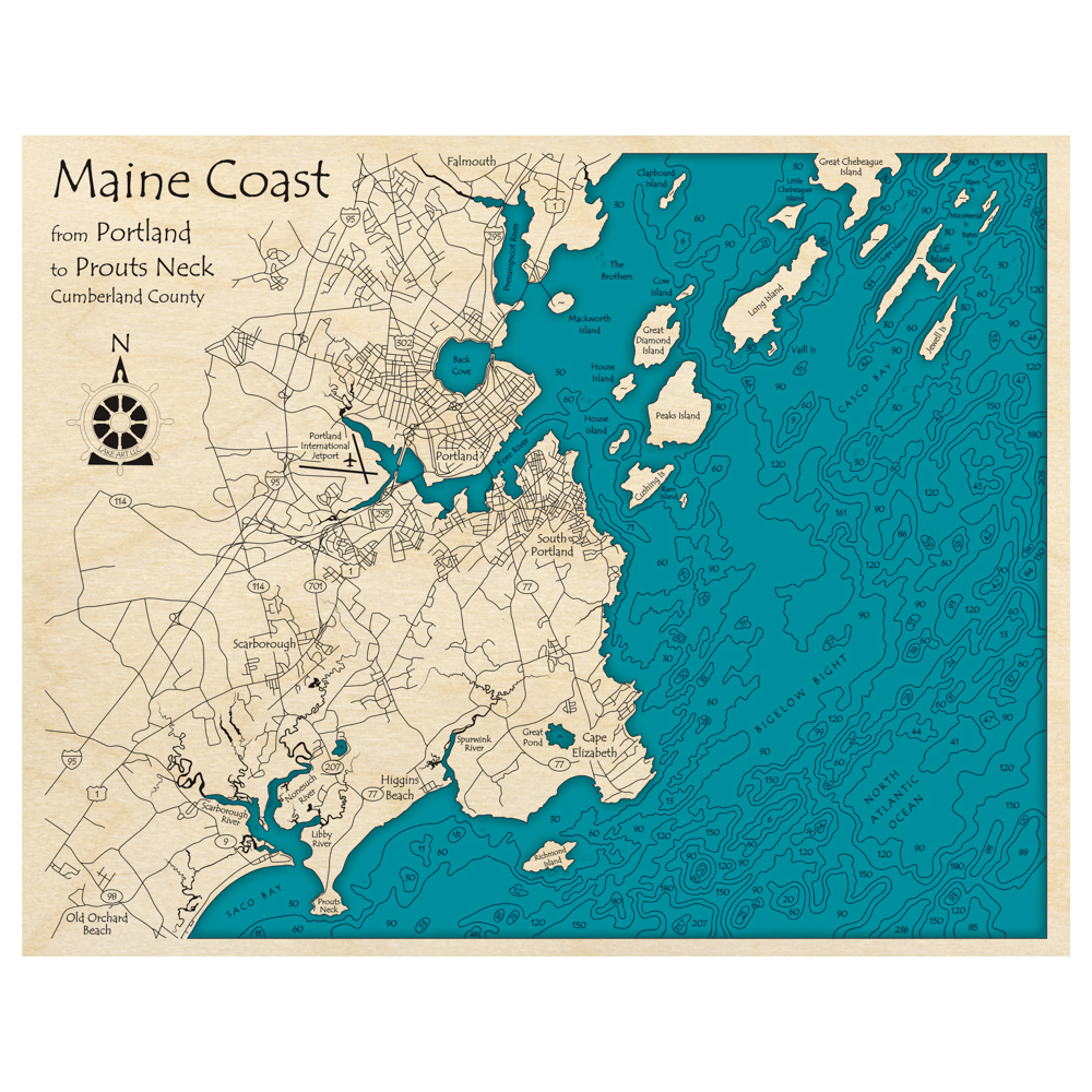 Bathymetric topo map of Coastal Maine, ME with roads, towns and depths noted in blue water.