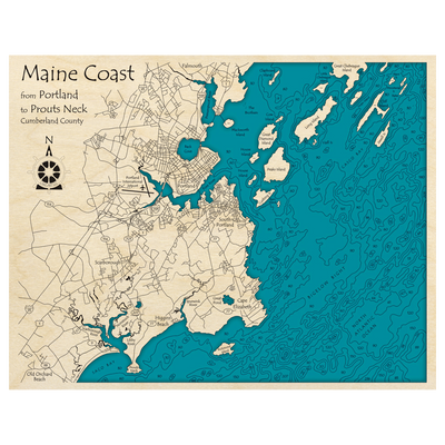 Bathymetric topo map of Coastal Maine, ME with roads, towns and depths noted in blue water.