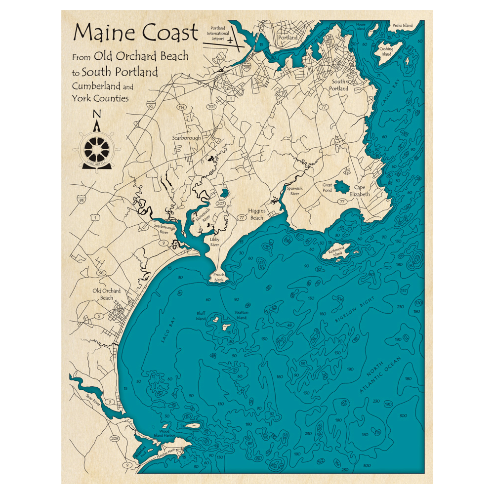 Bathymetric topo map of Maine Coast, ME with roads, towns and depths noted in blue water.