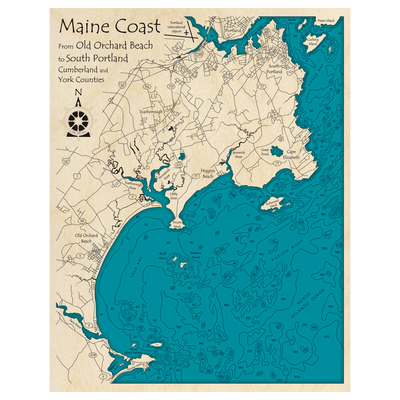 Bathymetric topo map of Maine Coast, ME with roads, towns and depths noted in blue water.