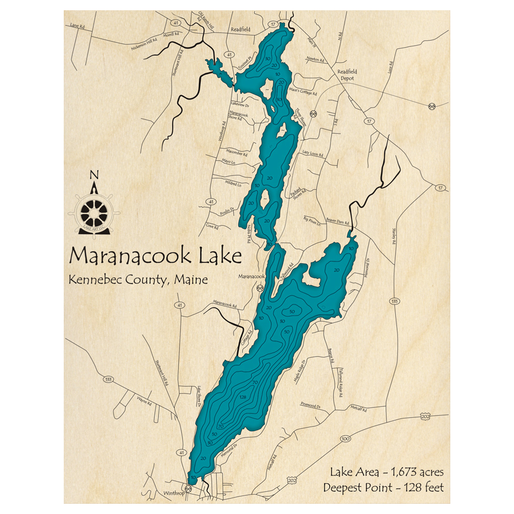 Bathymetric topo map of Maranacook Lake, ME with roads, towns and depths noted in blue water.
