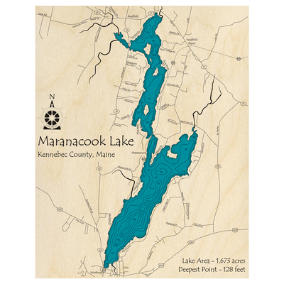 Bathymetric topo map of Maranacook Lake, ME with roads, towns and depths noted in blue water.