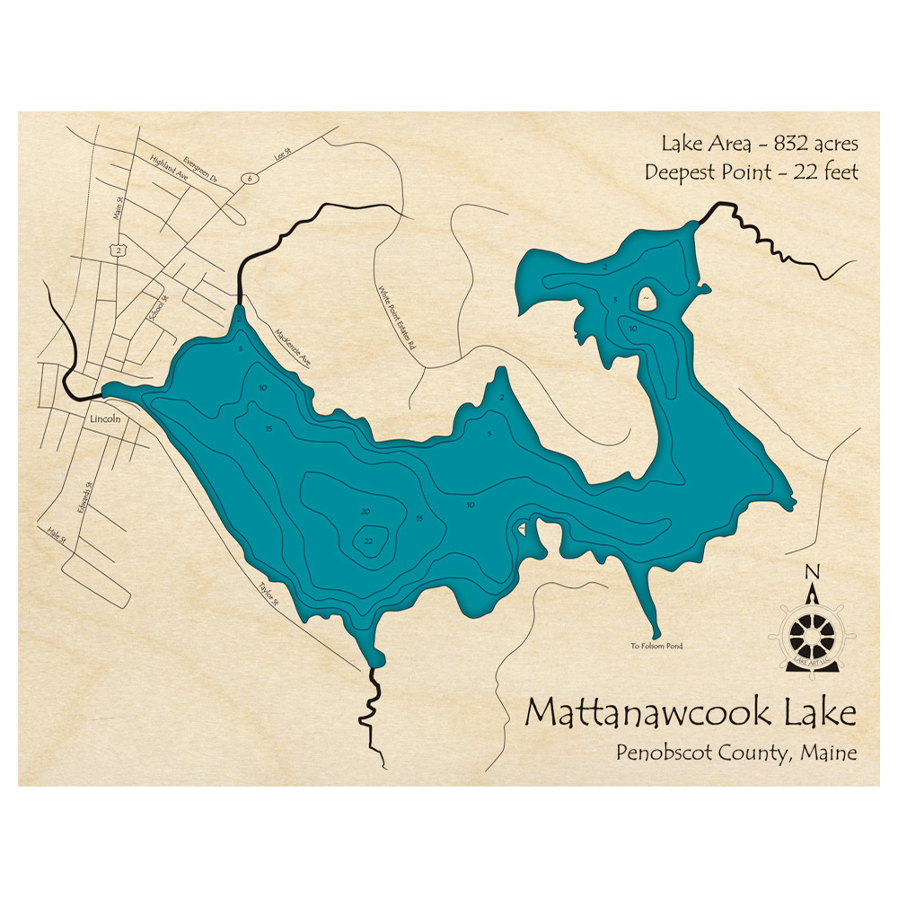 Bathymetric topo map of Mattanawcook Lake, ME with roads, towns and depths noted in blue water.