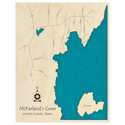 Bathymetric topo map of McFarlands Cove, ME with roads, towns and depths noted in blue water.