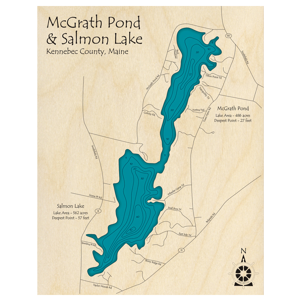 Bathymetric topo map of McGrath Pond, ME with roads, towns and depths noted in blue water.
