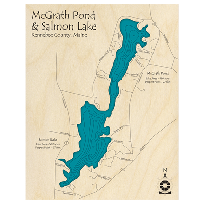 Bathymetric topo map of McGrath Pond, ME with roads, towns and depths noted in blue water.