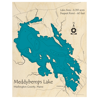 Bathymetric topo map of Meddybemps Lake, ME with roads, towns and depths noted in blue water.
