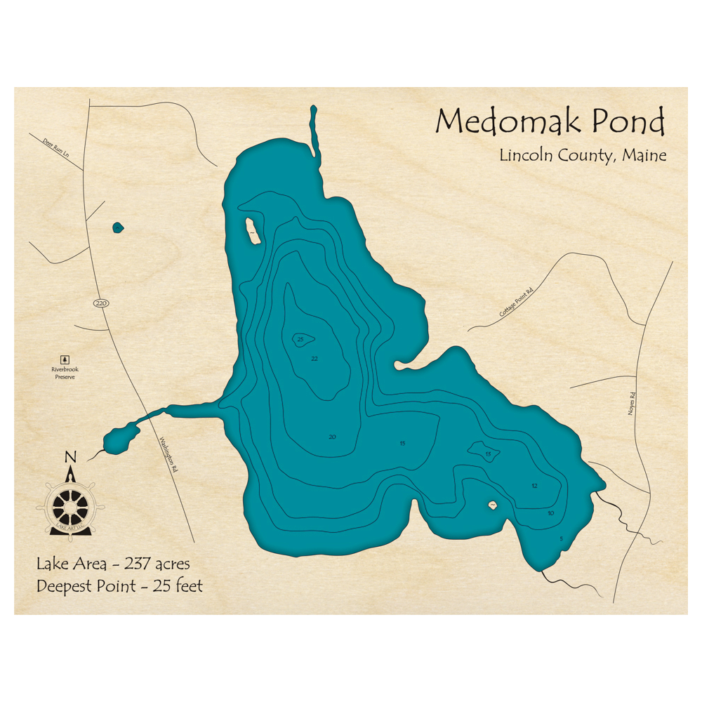 Bathymetric topo map of Medomak Pond, ME with roads, towns and depths noted in blue water.