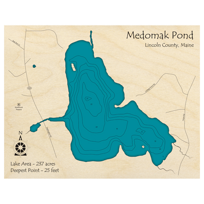 Bathymetric topo map of Medomak Pond, ME with roads, towns and depths noted in blue water.