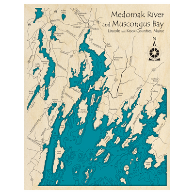Bathymetric topo map of Medomak River and Muscongus Bay, ME with roads, towns and depths noted in blue water.