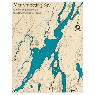 Bathymetric topo map of Merrymeeting Bay, ME with roads, towns and depths noted in blue water.
