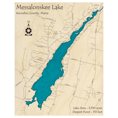 Bathymetric topo map of Messalonskee Lake, ME with roads, towns and depths noted in blue water.