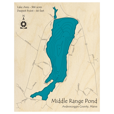 Bathymetric topo map of Middle Range Pond, ME with roads, towns and depths noted in blue water.