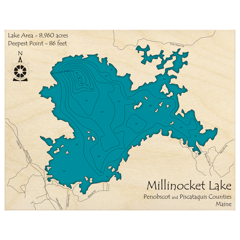 Bathymetric topo map of Millinocket Lake, ME with roads, towns and depths noted in blue water.