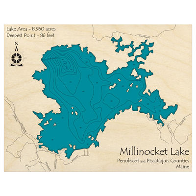 Bathymetric topo map of Millinocket Lake, ME with roads, towns and depths noted in blue water.