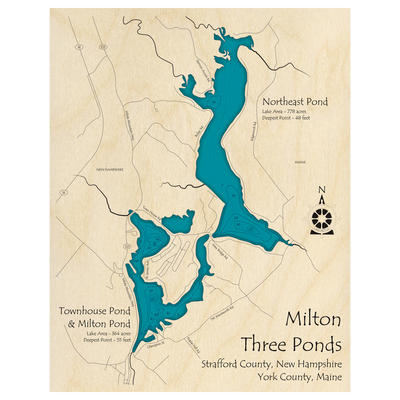 Bathymetric topo map of Milton Three Ponds -, ME with roads, towns and depths noted in blue water.