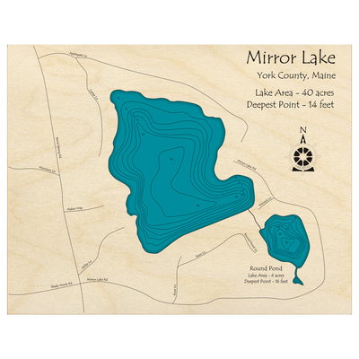 Bathymetric topo map of Mirror Lake, ME with roads, towns and depths noted in blue water.