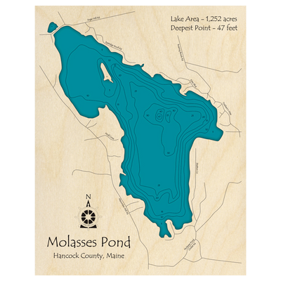 Bathymetric topo map of Molasses Pond, ME with roads, towns and depths noted in blue water.