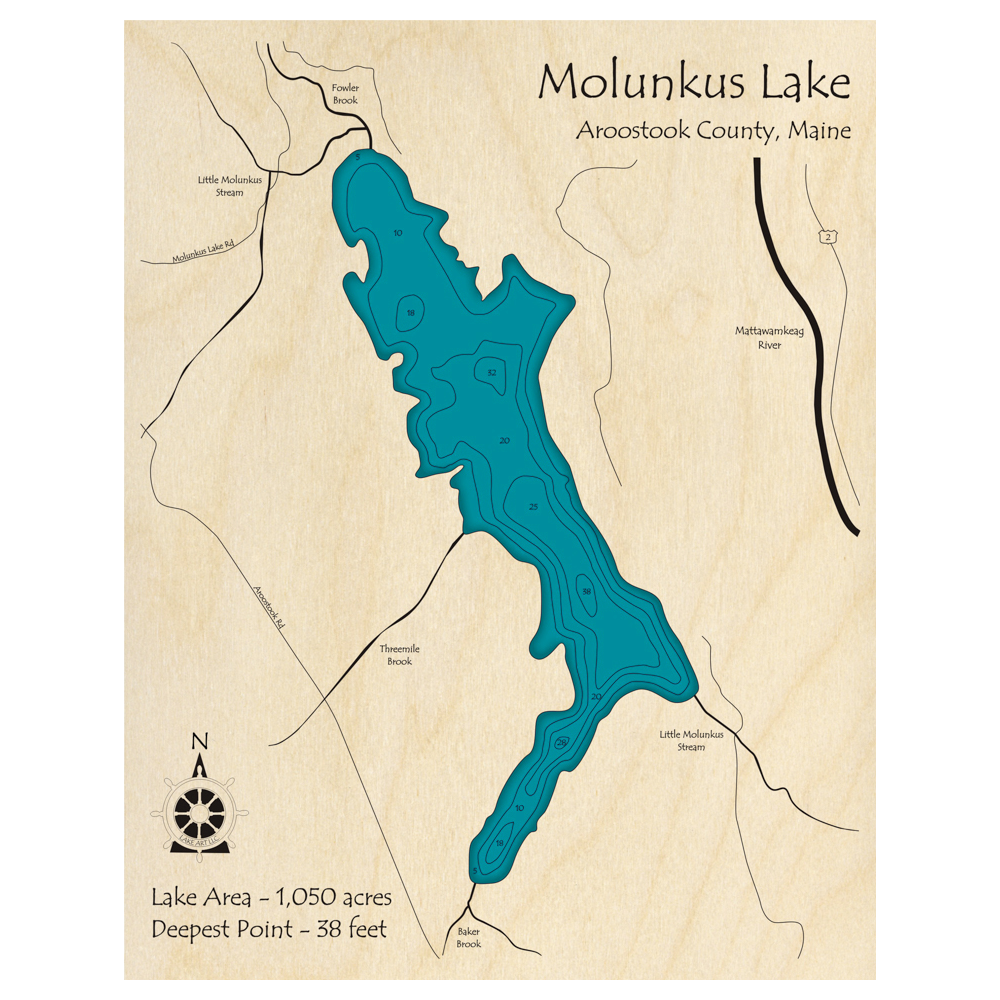 Bathymetric topo map of Molunkus Lake, ME with roads, towns and depths noted in blue water.