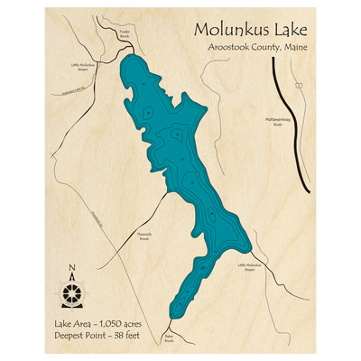 Bathymetric topo map of Molunkus Lake, ME with roads, towns and depths noted in blue water.