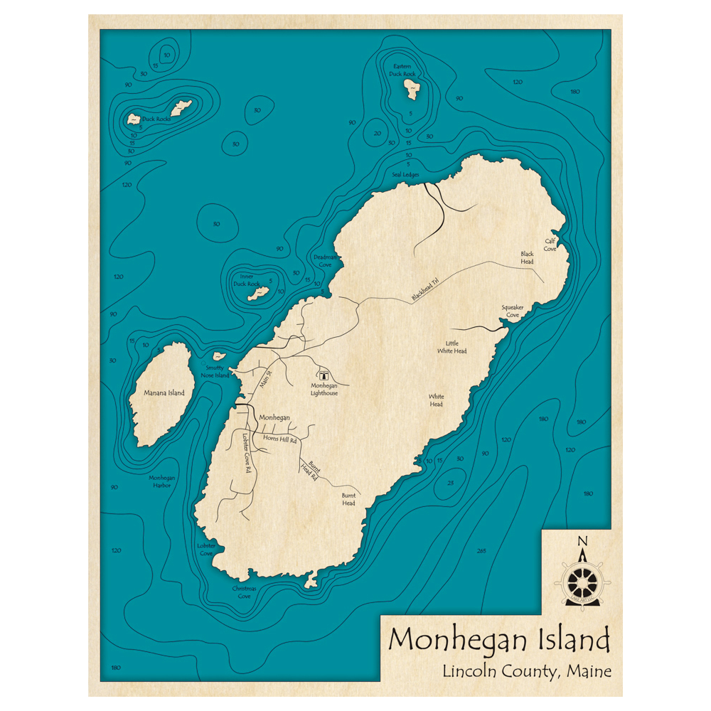 Bathymetric topo map of Monhegan Island, ME with roads, towns and depths noted in blue water.