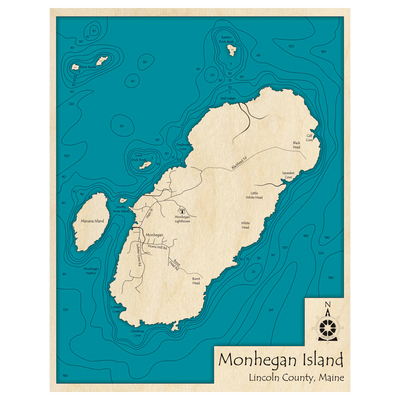 Bathymetric topo map of Monhegan Island, ME with roads, towns and depths noted in blue water.