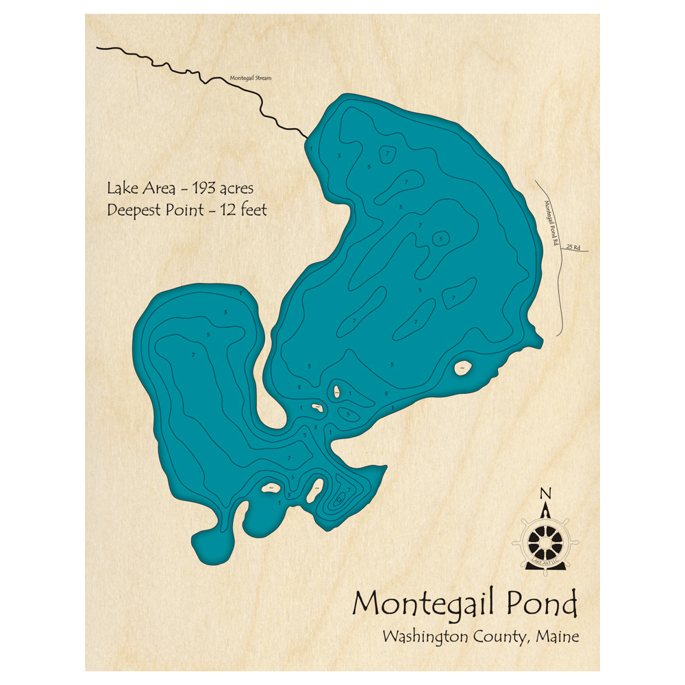 Bathymetric topo map of Montegail Pond, ME with roads, towns and depths noted in blue water.