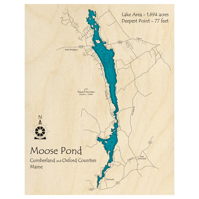Bathymetric topo map of Moose Pond, ME with roads, towns and depths noted in blue water.