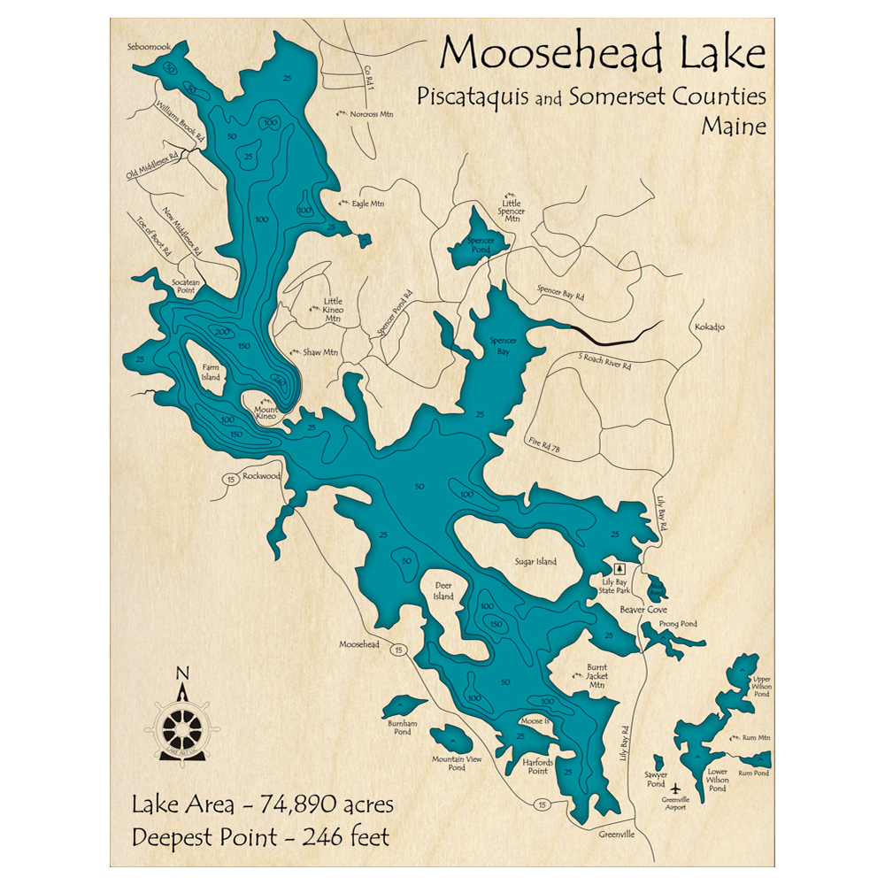 Bathymetric topo map of Moosehead Lake, ME with roads, towns and depths noted in blue water.
