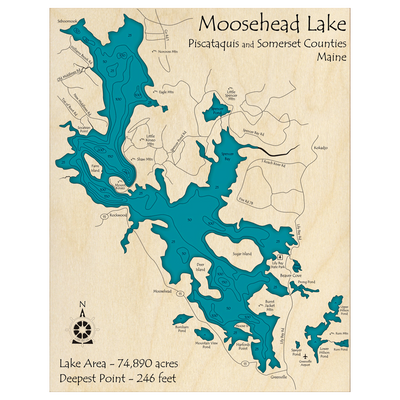Bathymetric topo map of Moosehead Lake, ME with roads, towns and depths noted in blue water.