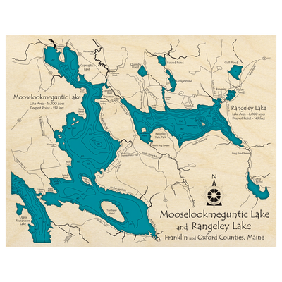 Bathymetric topo map of Mooselookmeguntic and Rangeley Lakes, ME with roads, towns and depths noted in blue water.