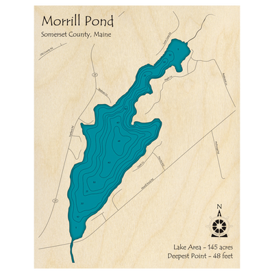 Bathymetric topo map of Morrill Pond, ME with roads, towns and depths noted in blue water.