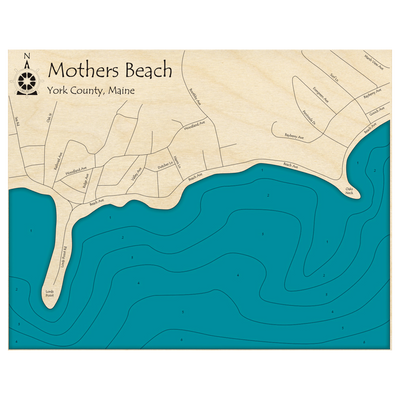 Bathymetric topo map of Mothers Beach, ME with roads, towns and depths noted in blue water.
