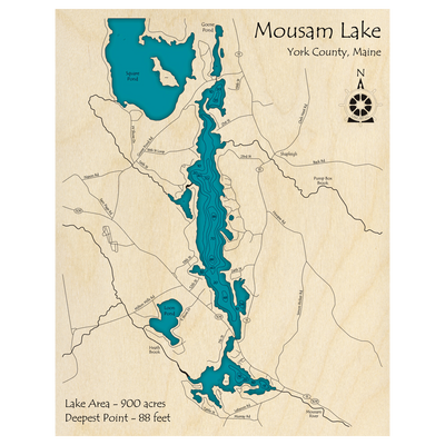 Bathymetric topo map of Mousam Lake, ME with roads, towns and depths noted in blue water.