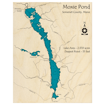 Bathymetric topo map of Moxie Pond, ME with roads, towns and depths noted in blue water.