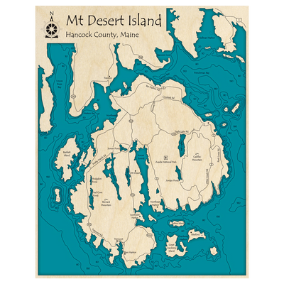 Bathymetric topo map of Mt Desert Island, ME with roads, towns and depths noted in blue water.