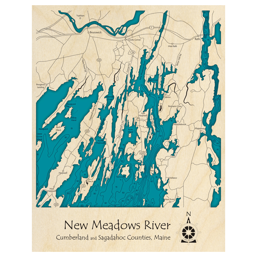Bathymetric topo map of New Meadows River, ME with roads, towns and depths noted in blue water.