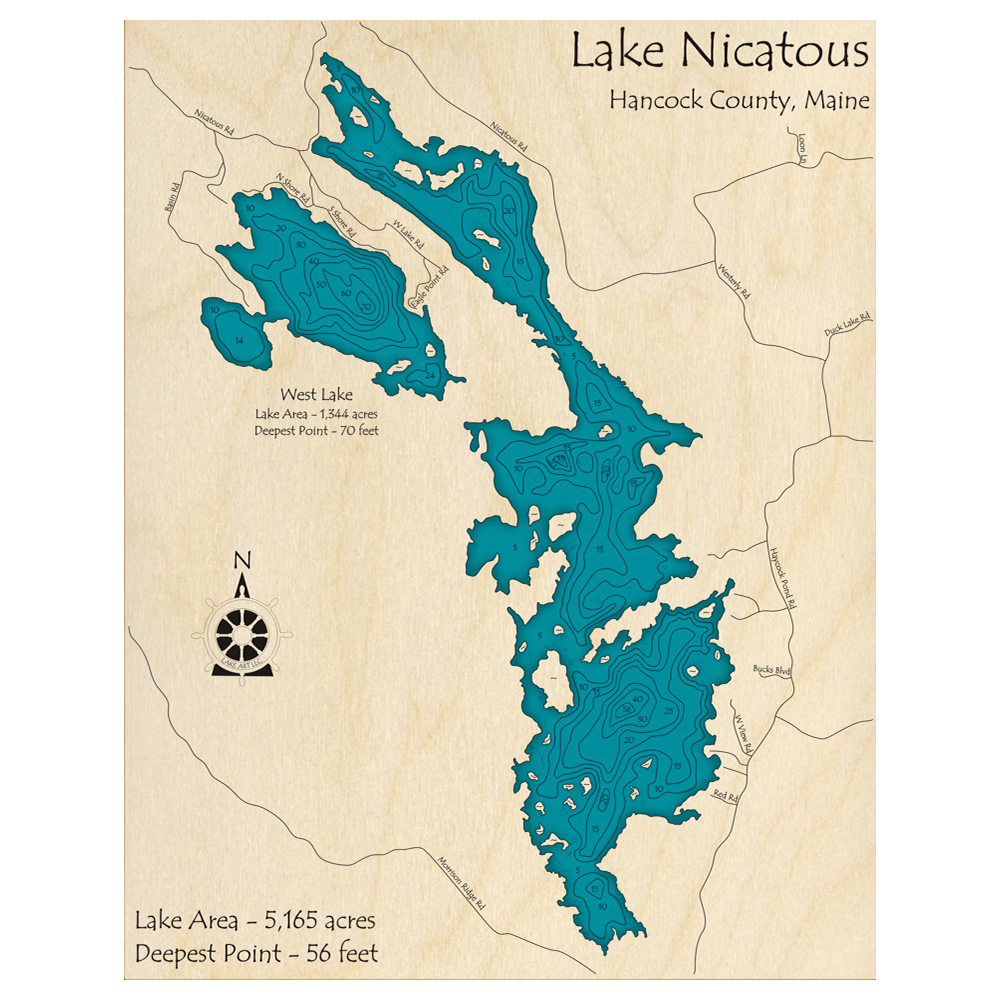 Bathymetric topo map of Lake Nicatous, ME with roads, towns and depths noted in blue water.