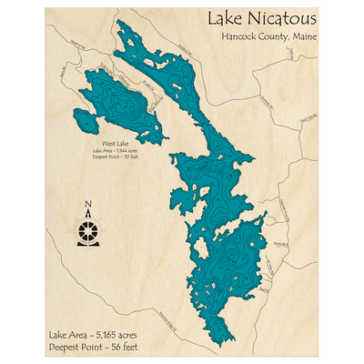 Bathymetric topo map of Lake Nicatous, ME with roads, towns and depths noted in blue water.