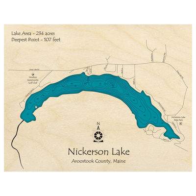 Bathymetric topo map of Nickerson Lake, ME with roads, towns and depths noted in blue water.