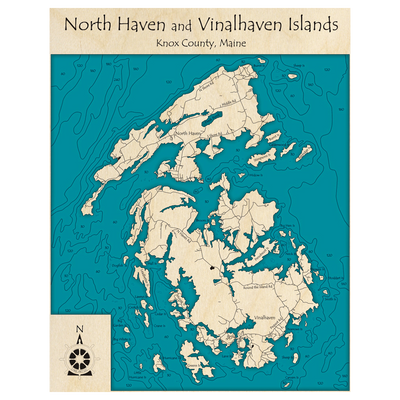 Bathymetric topo map of North Haven and Vinalhaven Islands, ME with roads, towns and depths noted in blue water.