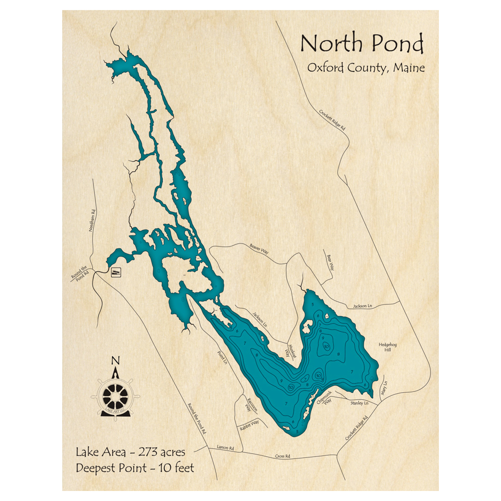 Bathymetric topo map of North Pond, ME with roads, towns and depths noted in blue water.