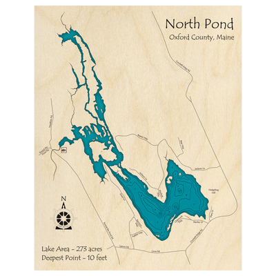 Bathymetric topo map of North Pond, ME with roads, towns and depths noted in blue water.