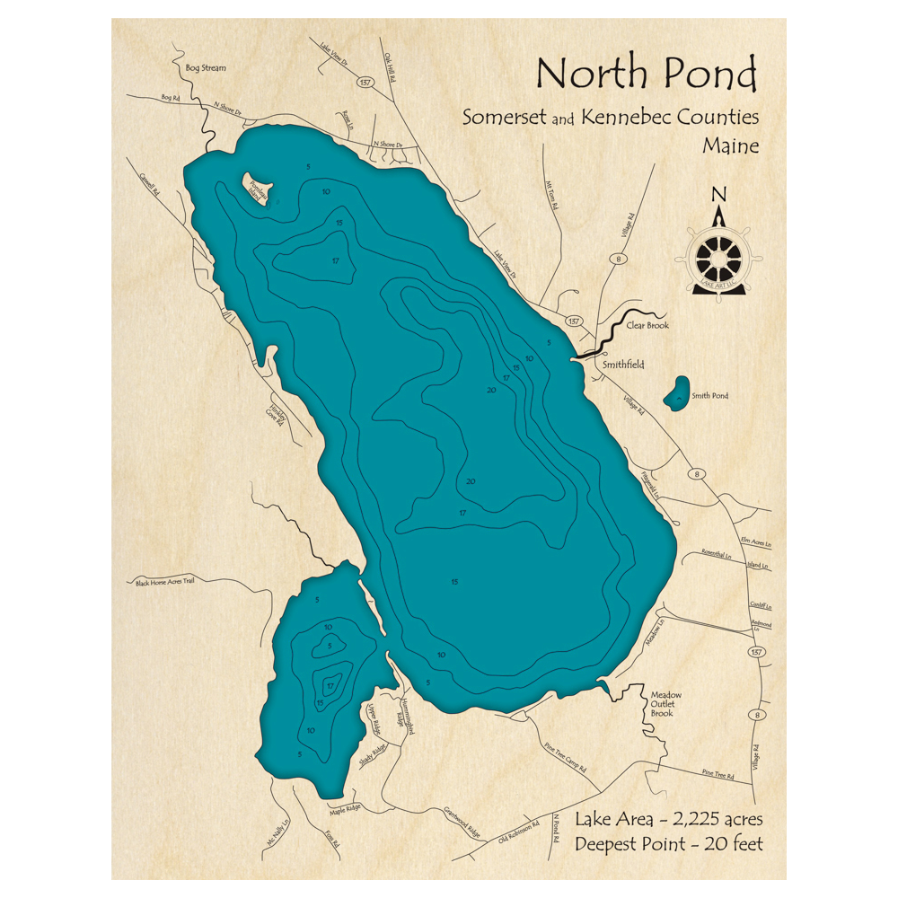 Bathymetric topo map of North Pond, ME with roads, towns and depths noted in blue water.