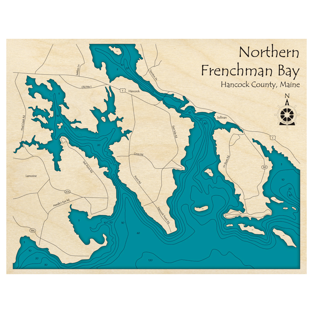 Bathymetric topo map of Northern Frenchman Bay, ME with roads, towns and depths noted in blue water.