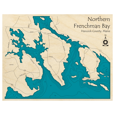 Bathymetric topo map of Northern Frenchman Bay, ME with roads, towns and depths noted in blue water.