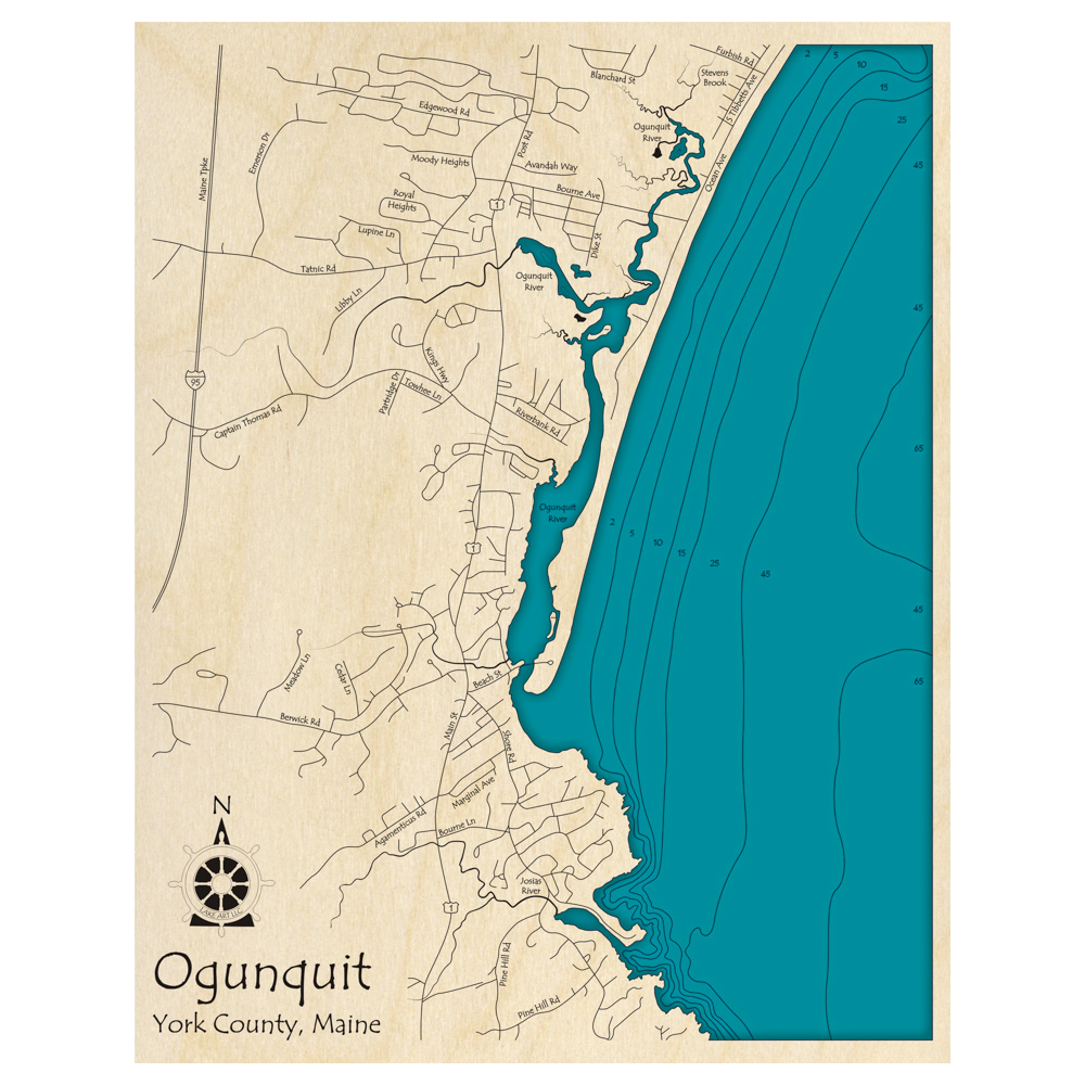 Bathymetric topo map of Ogunquit, ME with roads, towns and depths noted in blue water.